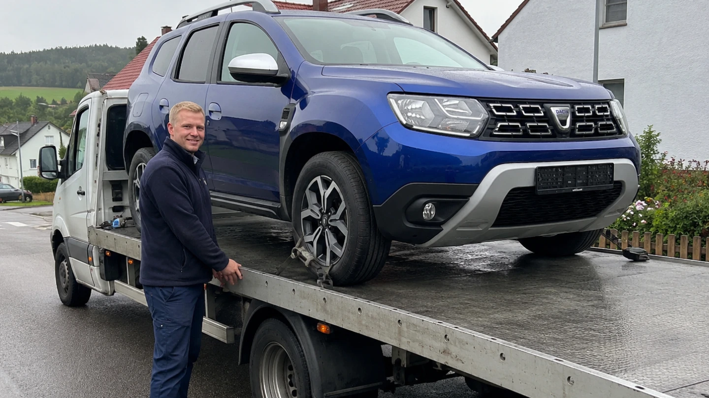 Abschleppfahrer mit blauem Dacia auf Autotransporter